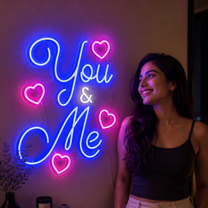 Personalized Handmade "You & Me" Neon Light Sign Board With Heart Motifs For Couple Wall Decor