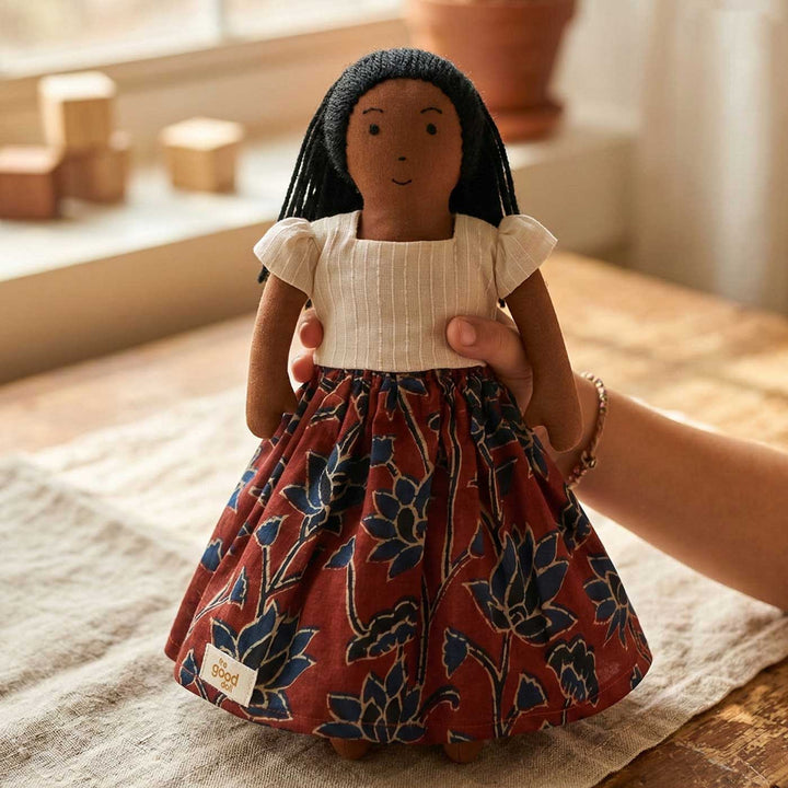 Nilah's (Younger Sister) Malar In White & Red Dress | Soft Hand-Stitched Sustainable Indian Play Doll