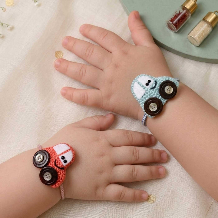 2 Pc | Handmade Crochet Crazy Cars Kids Rakhi With Roli Chawal For Twins