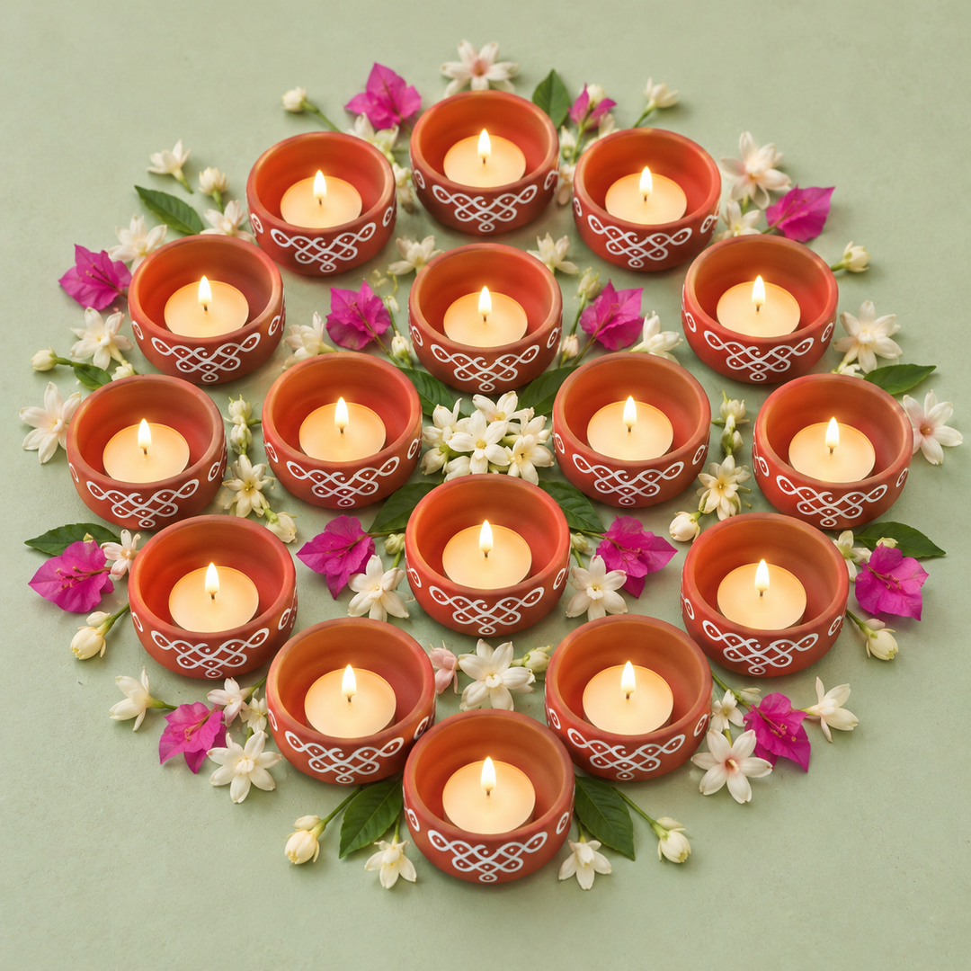 16 Pc | Hand-Painted Kolam Wave Terracotta Diya & Tealight Holders For Festive Decor