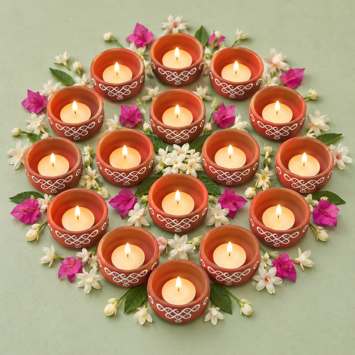 16 Pc | Hand-Painted Kolam Wave Terracotta Diya & Tealight Holders For Festive Decor