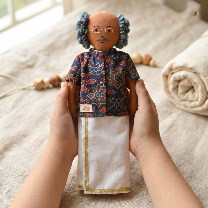 Nilah's Tatha (Grandfather) In Blue Shirt  | Soft Hand-Stitched Sustainable Indian Play Doll