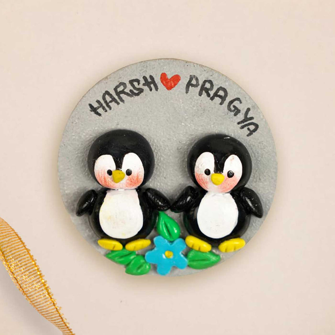 Penguins Couple Personalized Handmade Polymer Clay Round Fridge Magents