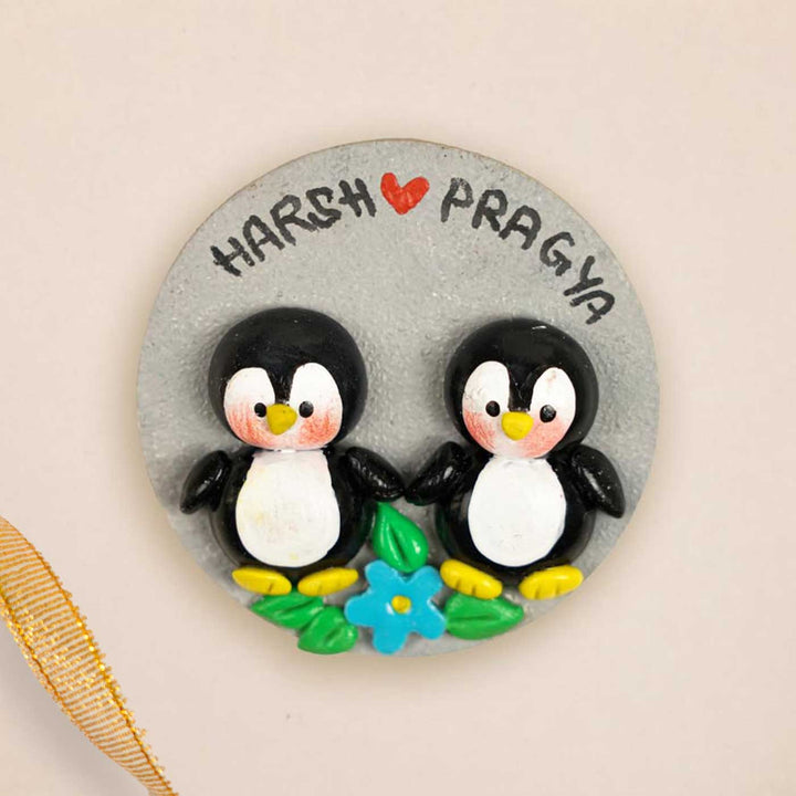 Penguins Couple Personalized Handmade Polymer Clay Round Fridge Magents