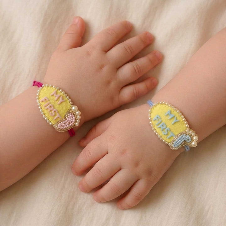 Handmade Beaded "My First Rakhi" Set With Roli Chawal For Newborn Twins | Set of 2