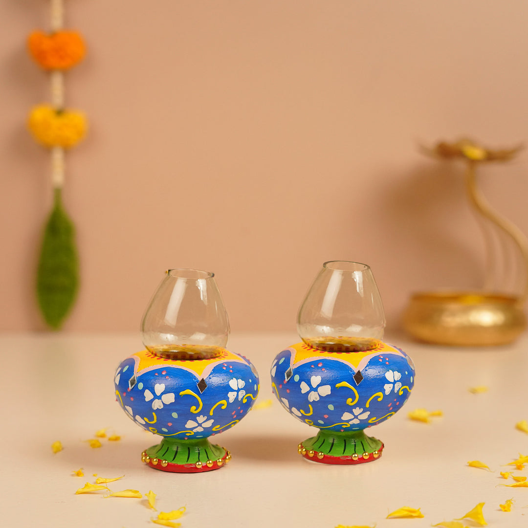 Hand-Painted Decorative Floral Terracotta Oil Lamp / Diya