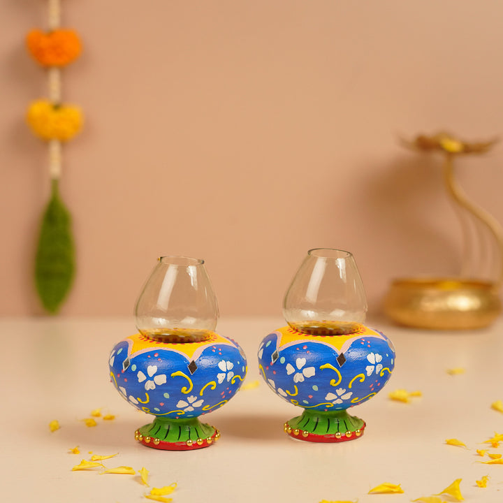 Hand-Painted Decorative Floral Terracotta Oil Lamp / Diya