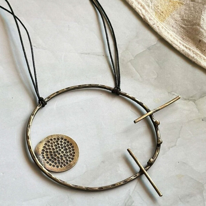 Handmade Beaten Oval With Spikes Copper Necklace