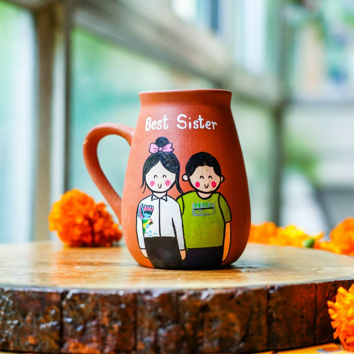 Photo Personalized 'Best Sister' Terracotta Caricature Mug and Rakhi Set