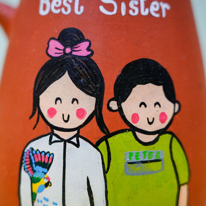Photo Personalized 'Best Sister' Terracotta Caricature Mug and Rakhi Set