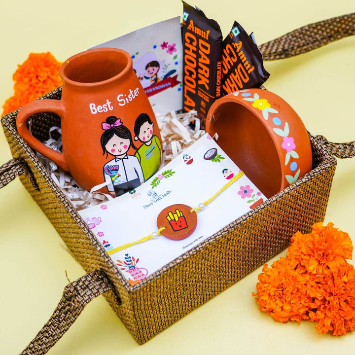 Photo Personalized 'Best Sister' Terracotta Caricature Rakhi Hamper
