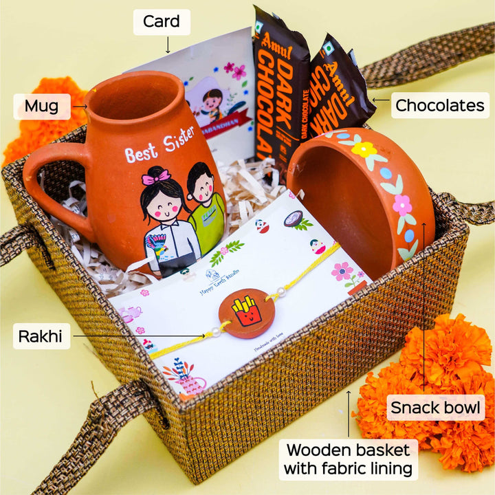 Photo Personalized 'Best Sister' Terracotta Caricature Rakhi Hamper