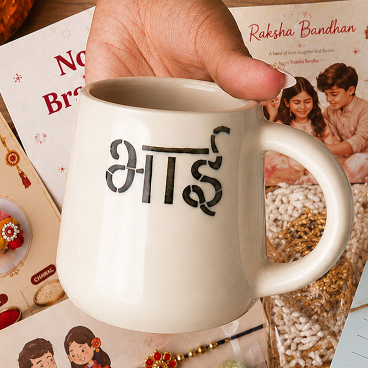 Krishna Rakhi Ceramic Mug Hamper With Bhai Mug & Roli Chawal For Brother