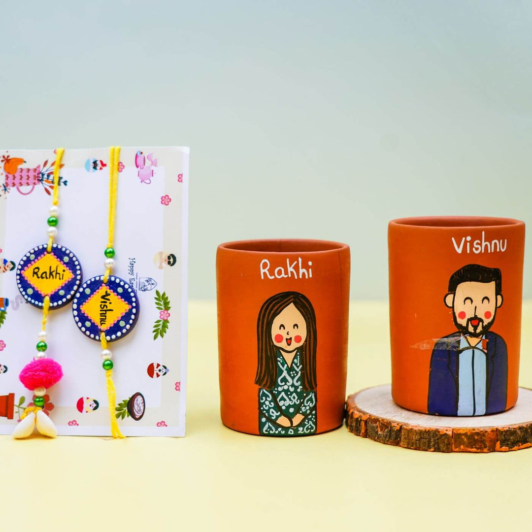 Photo Personalized Terracotta Caricature Tumbler & Rakhi Set