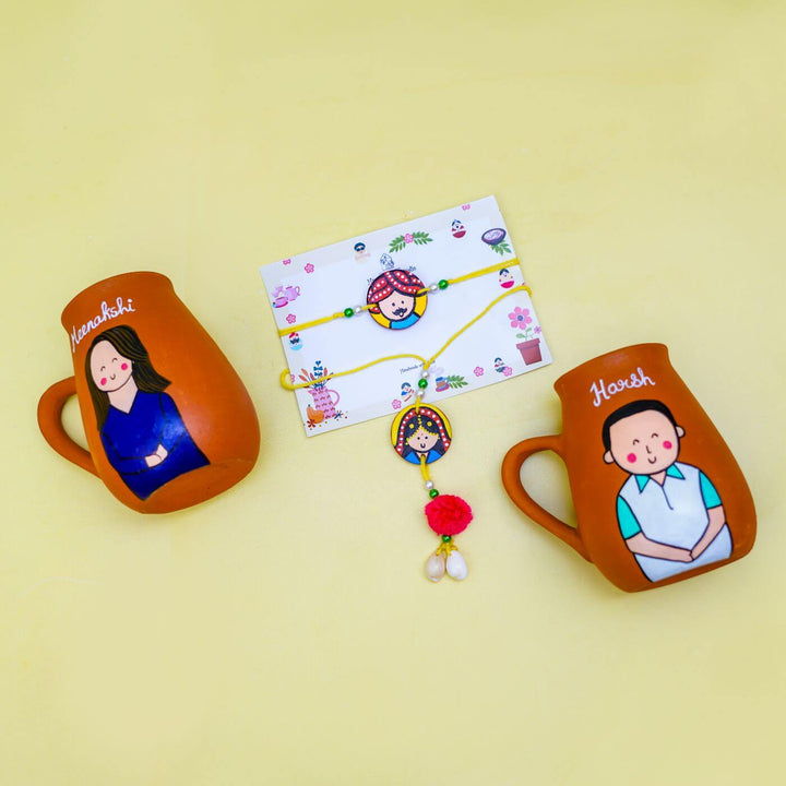 Photo Personalized Terracotta Caricature Mug & Rakhi Set