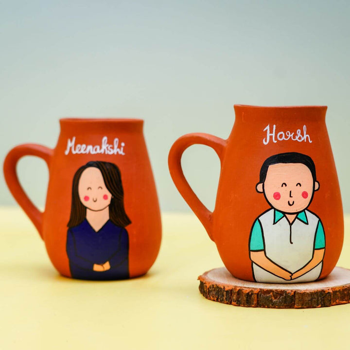 Personalized Terracotta Mugs with Photo Based Caricatures I Set of 2