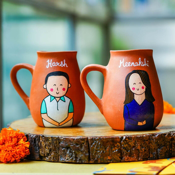 Personalized Terracotta Mugs with Photo Based Caricatures I Set of 2