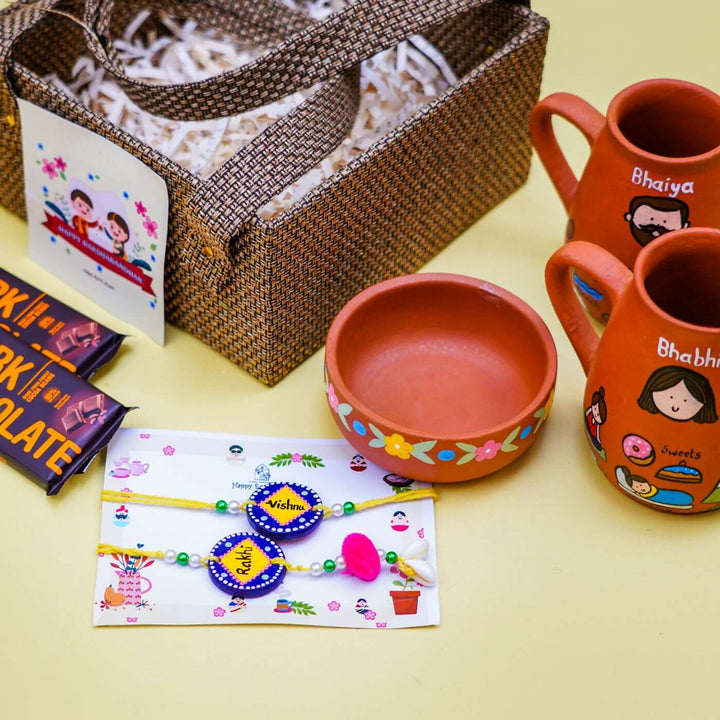 Persoanlized Terracotta Hobby Theme Rakhi Hamper for Bhaiya & Bhabhi