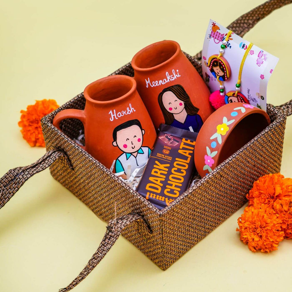 Buy Photo Personalised Terracotta Caricature Rakhi Hamper Online