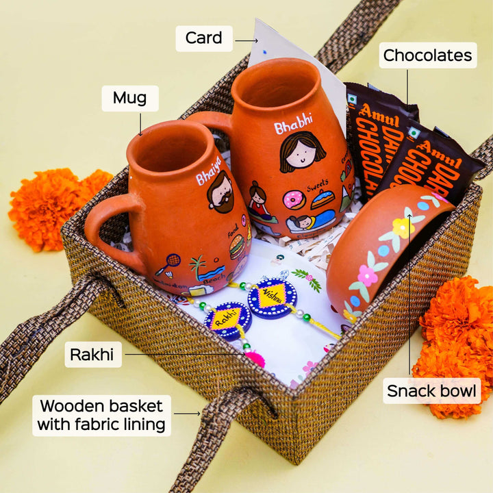 Persoanlized Terracotta Hobby Theme Rakhi Hamper for Bhaiya & Bhabhi