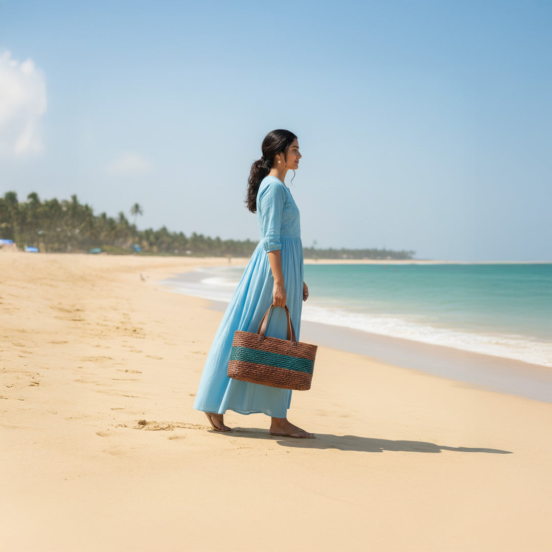 Handmade Grass Woven Single Brown And Indigo Horizontal Stripped Sabai Mesh Handbag