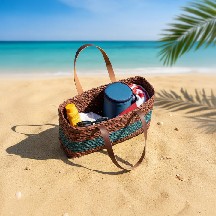 Handmade Grass Woven Single Brown And Indigo Horizontal Stripped Sabai Mesh Handbag