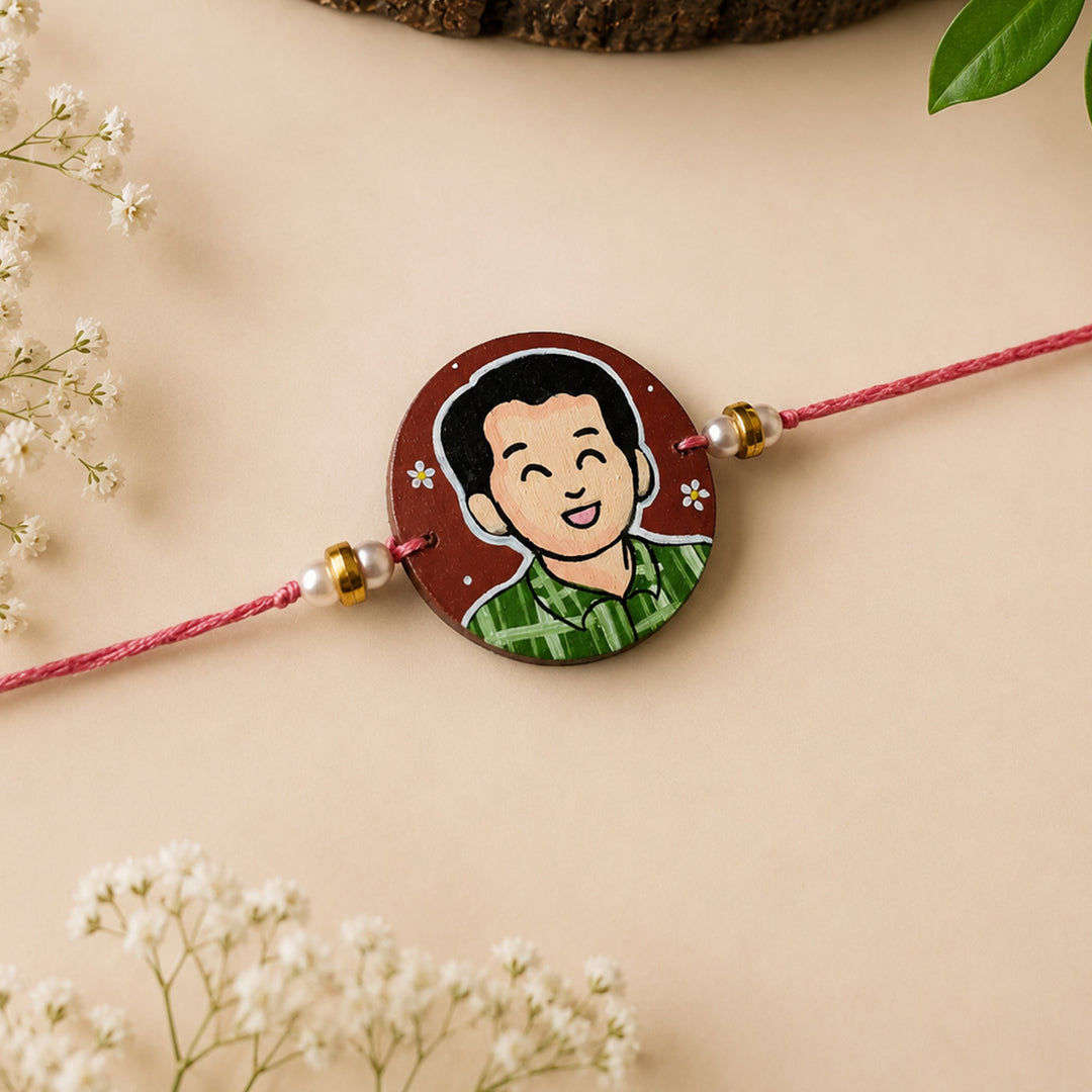 Photo Personalized Handpainted Reusable Caricature Mdf Wood Rakhi With Roli Chawal For Big Brother