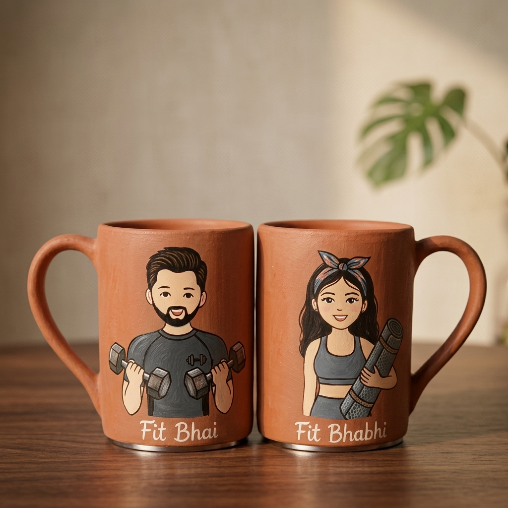 2 Pc | Fit Bhaiya Bhabhi Personalized Handpainted Terracotta Mug | 200 ml