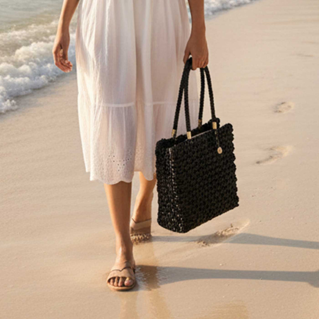 Handmade Grass Woven Vegan Wrapped Rope Handles With Metal Accents Black Sabai Mesh Handbag