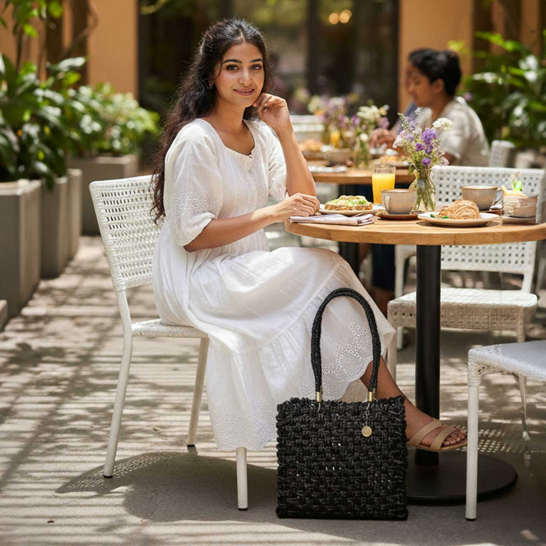 Handmade Grass Woven Vegan Wrapped Rope Handles With Metal Accents Black Sabai Mesh Handbag