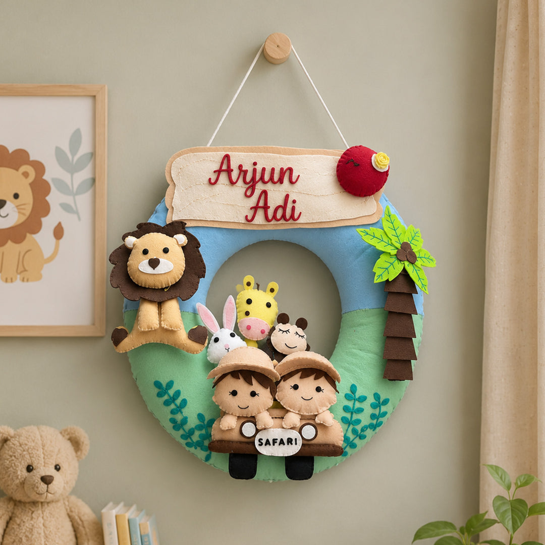 Personalized Jungle Safari Kids Felt Nameplate With Date Of Birth