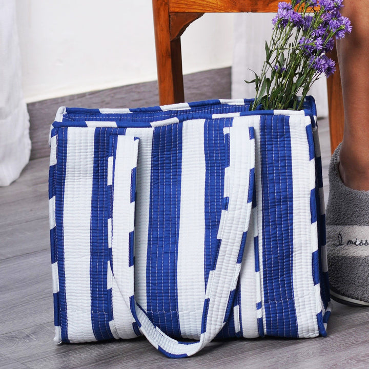 Handmade Nautical Blue Stripe Cotton Tote Bag