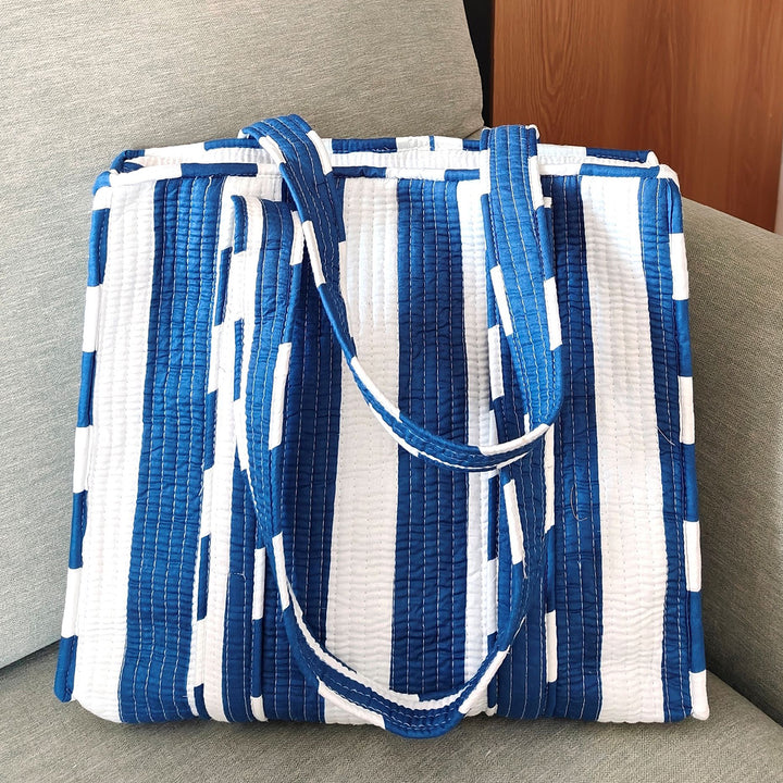 Handmade Nautical Blue Stripe Cotton Tote Bag