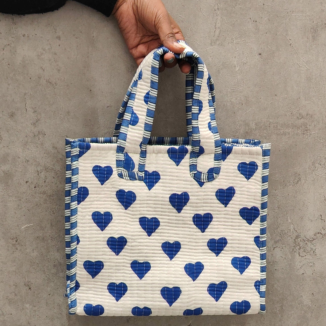 Hand Block Printed Blue Heart Cotton Tote Bag