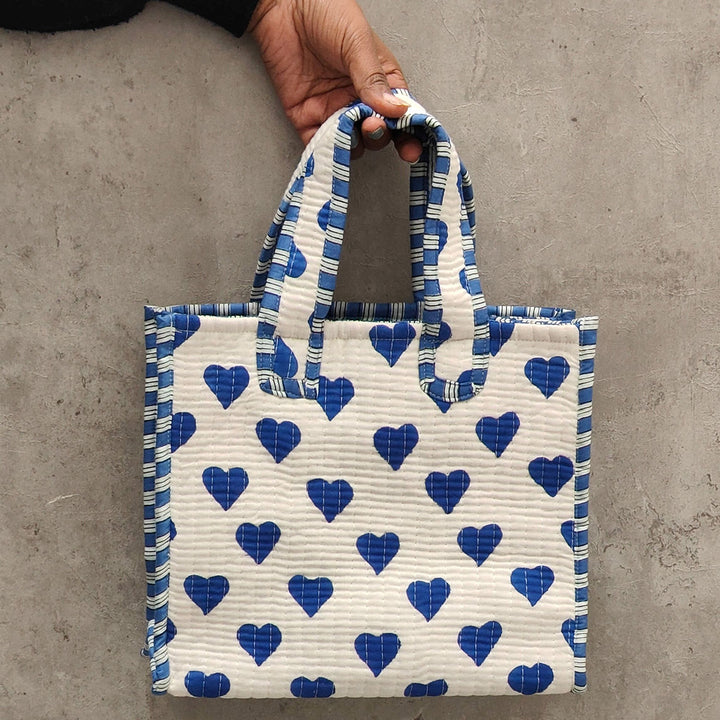 Hand Block Printed Blue Heart Cotton Tote Bag