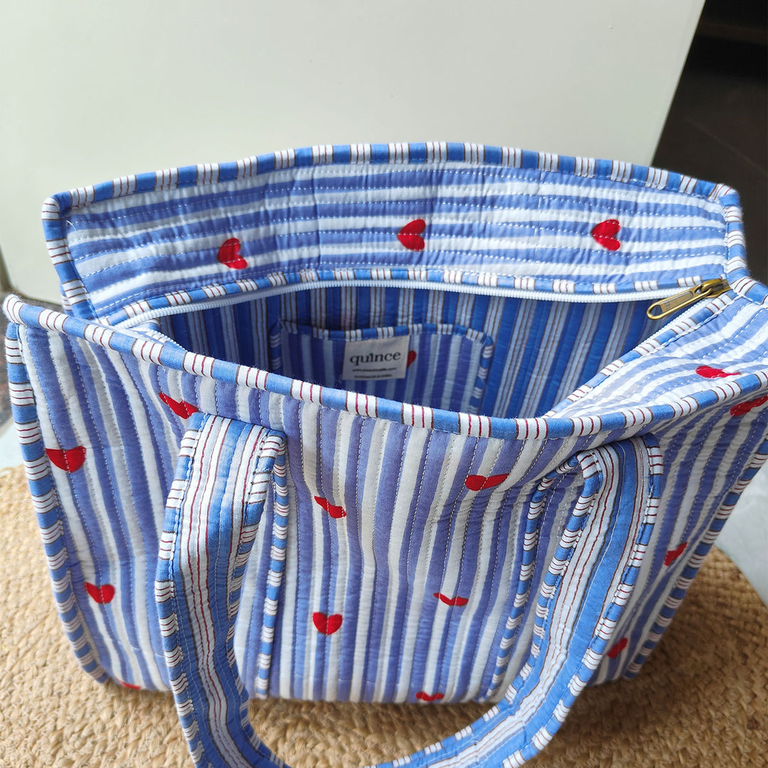 Handmade Blue Heartbeat Cotton Tote Bag