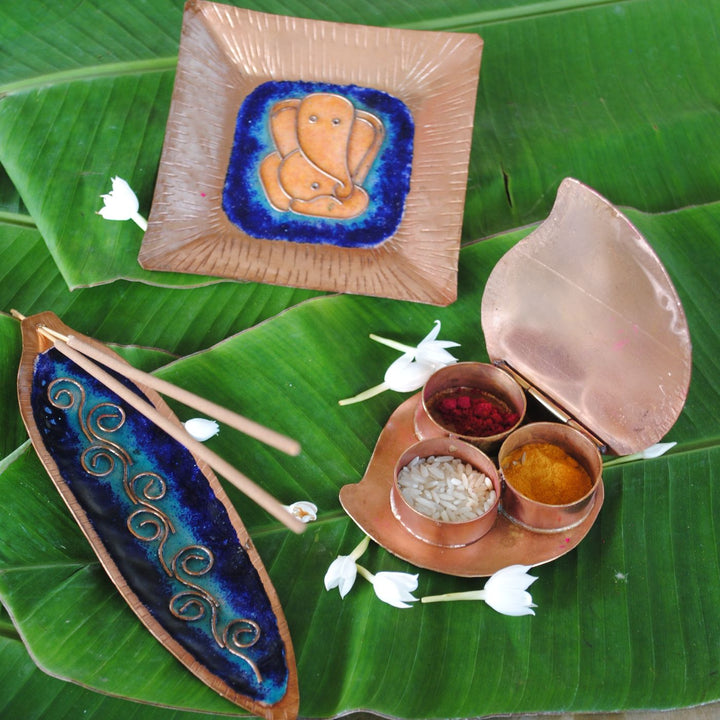 Copper Enamel Ganesha Pooja Thali Diwali Combo