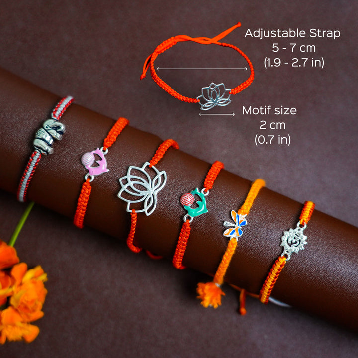 Handcrafted Silver Motif Adjustable Rakhi For Kids With Rice & Roli