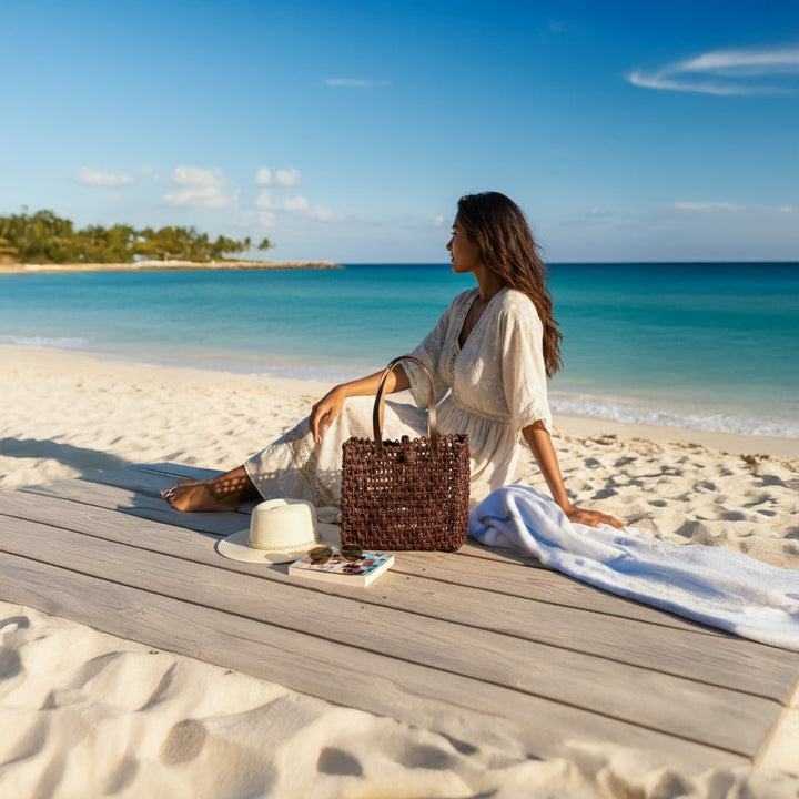 Handmade Grass Woven Leather Strap Box Shaped Brown Sabai Mesh Tote Bag