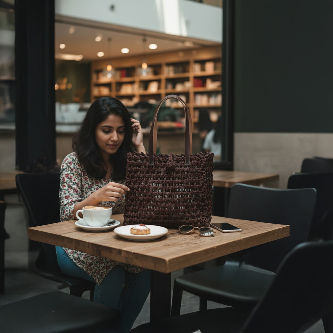 Handmade Grass Woven Leather Strap Box Shaped Brown Sabai Mesh Tote Bag
