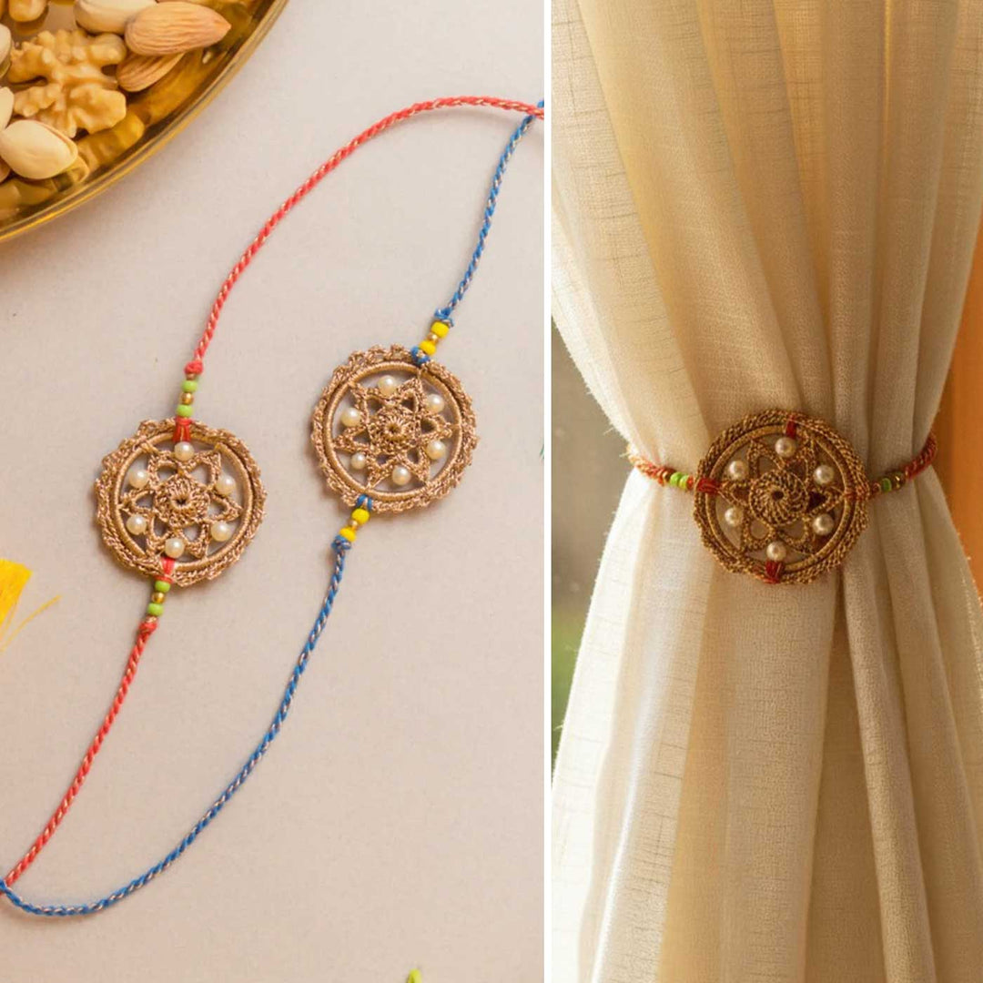 Intricate Beaded Crochet Twilight Weave Pearl Rakhi With Roli Chawal | Set of 2