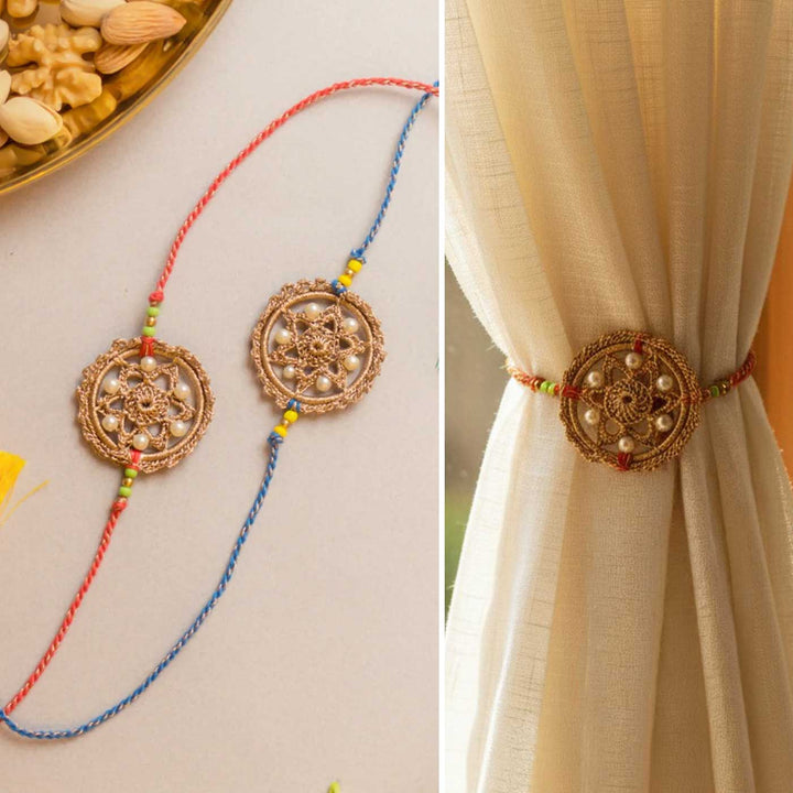 Intricate Beaded Crochet Twilight Weave Pearl Rakhi With Roli Chawal | Set of 2