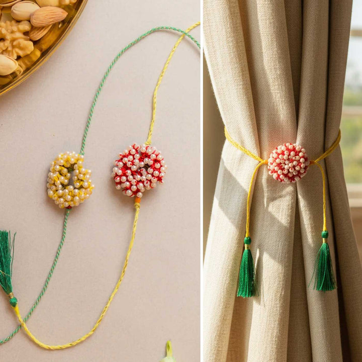 Intricate Crochet Beaded Coral Pearl Rakhi With Roli Chawal | Set of 2