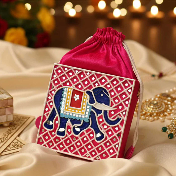 Handcrafted Elephant Lippan Art Medium Potli Sling Bag