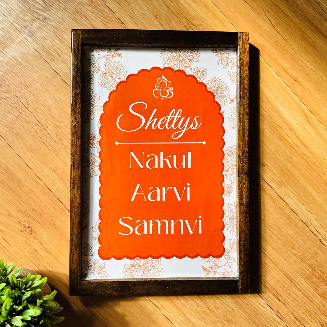 Rustic Orange Vintage Personalized Resin & Teak Wood Frame Name Plate For Home