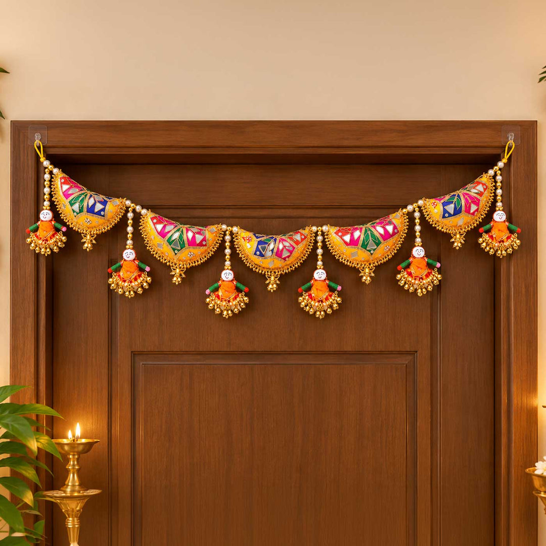 42 Inch | Handcrafted Puppet Gota Patti Silk Toran With Pearls & Ghungroo - Yellow