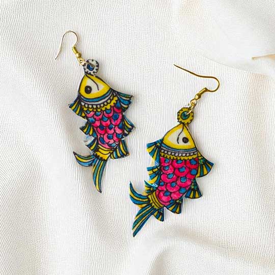 Hand-Painted Multicolour Fish Shaped Leather Earrings
