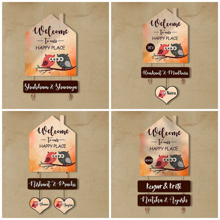 Printed Wooden House Shaped Owl Nameplate for Couples