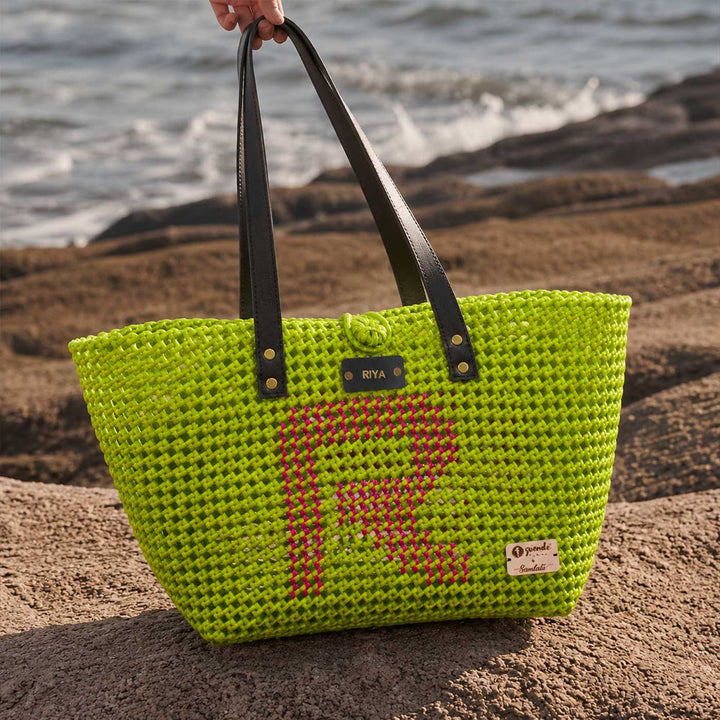 Personalised Green & Pink Monogram Handmade Koodai Tote Bag
