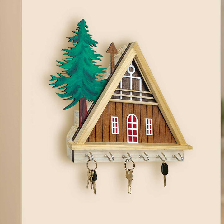 Hut And Tree Theme Wooden Key Holder | With 6 Hooks
